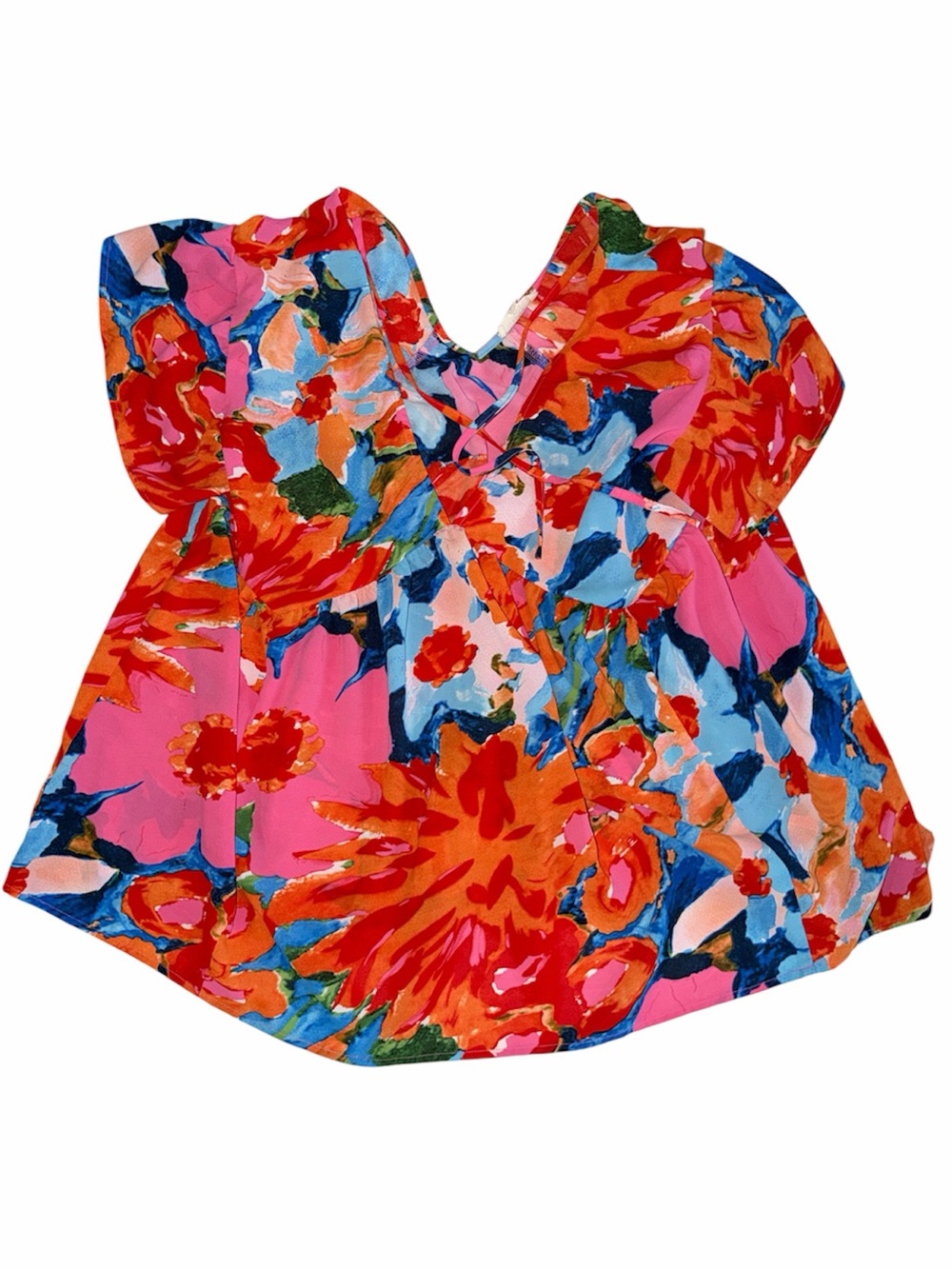 Entro Bright Floral Watercolor Flutter Sleeve Babydoll Top Size L